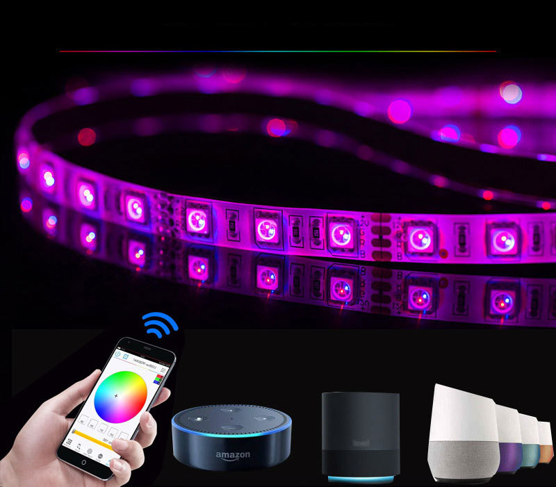 DC12V 16.4ft/5M 30LEDs/M 5050RGB WIFI Intelligent Voice LED Light Strip Kit,Marquee Multi Colorful Light Strip